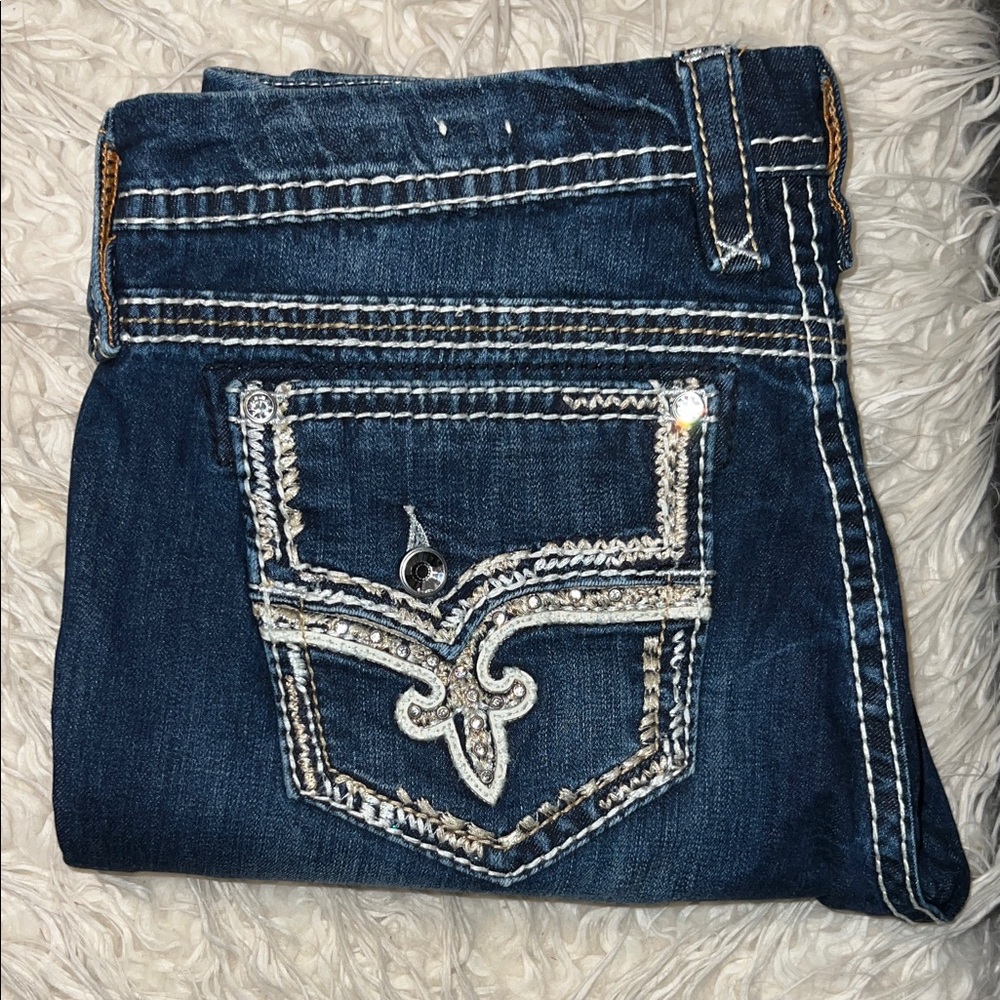Rock Revival Purple Bootcut Size 33x32 NEVER WORN Gold Cream Stitching